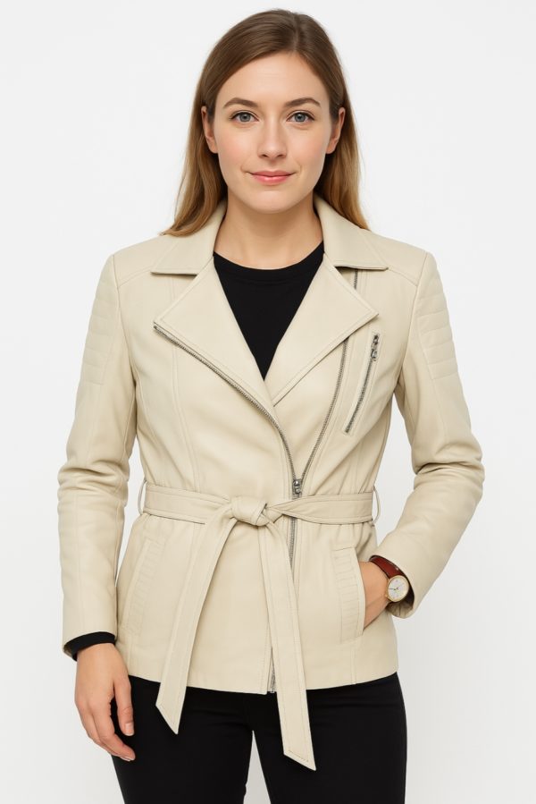 Classic Women’s Beige Real Leather Trench Coat - Image 4