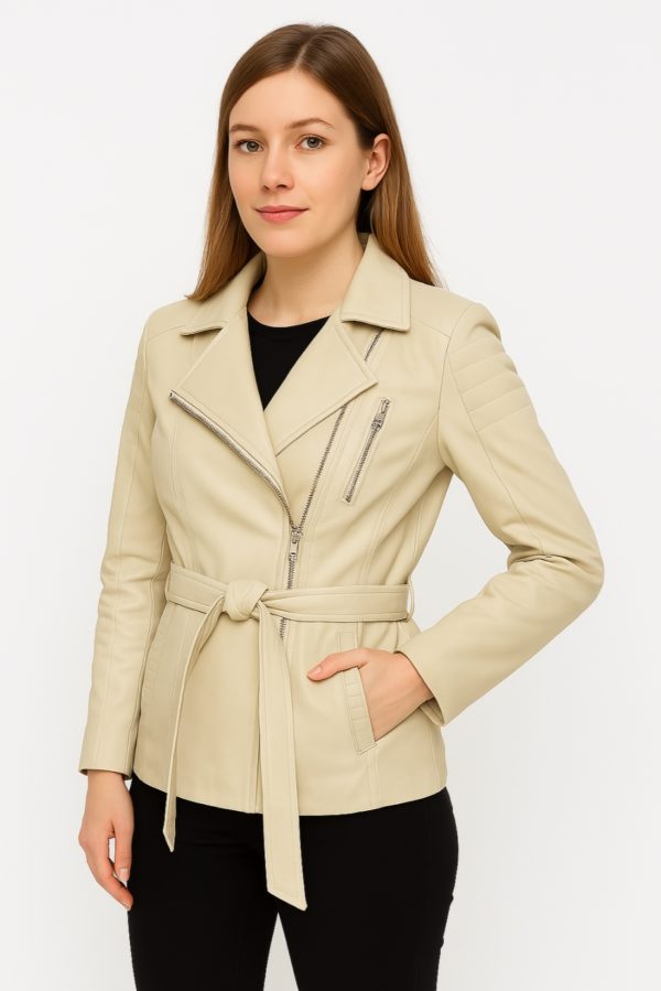 Classic Women’s Beige Real Leather Trench Coat - Image 5