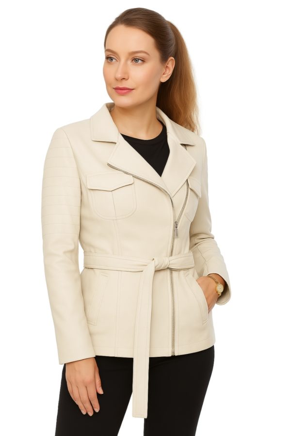 Classic Women’s Beige Real Leather Trench Coat - Image 3