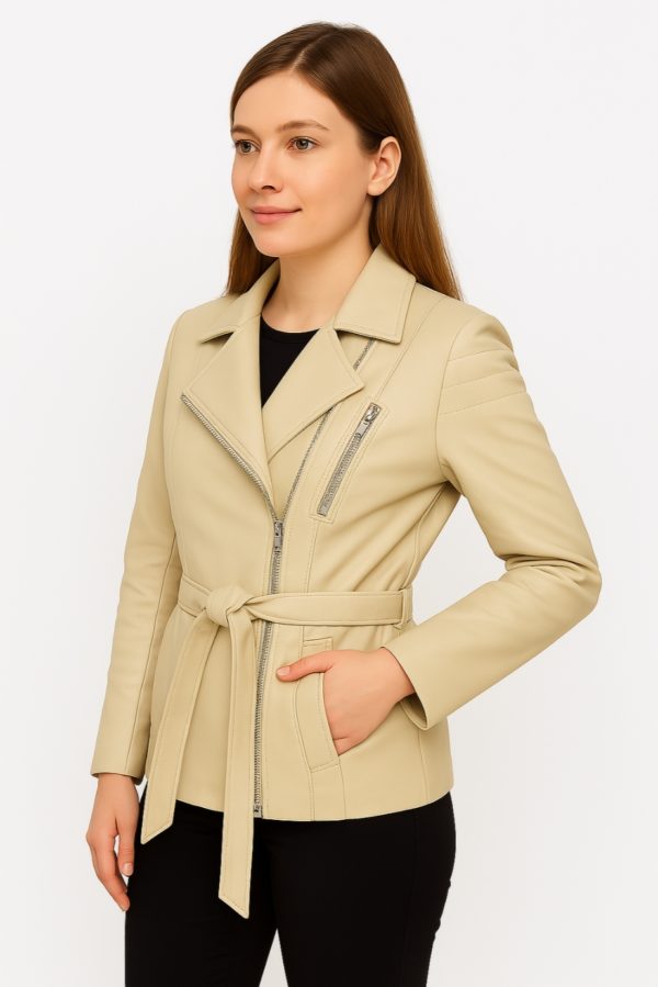 Classic Women’s Beige Real Leather Trench Coat - Image 6