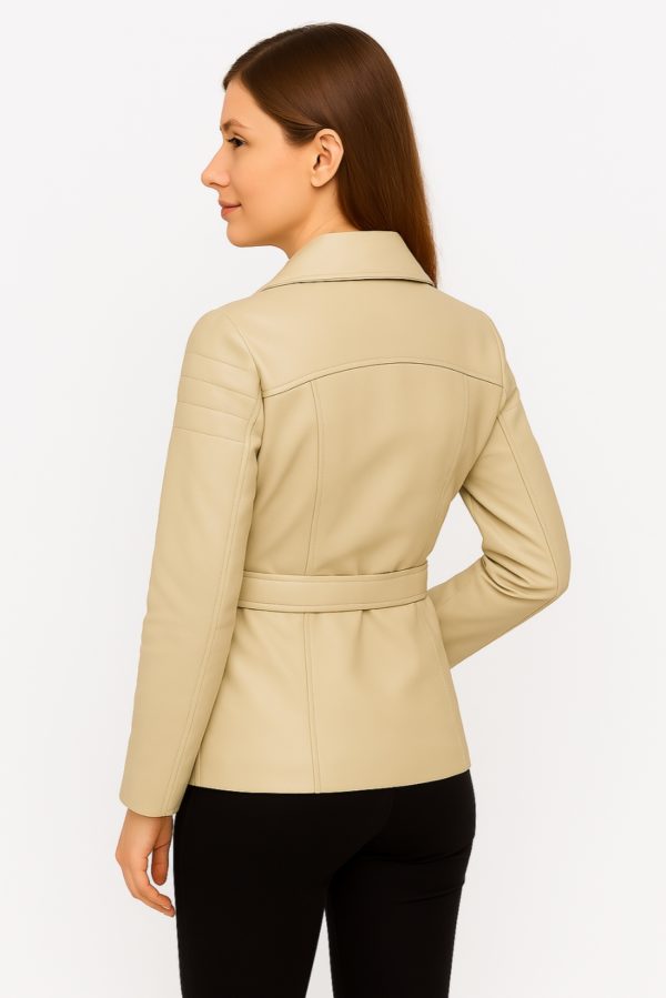 Classic Women’s Beige Real Leather Trench Coat - Image 10
