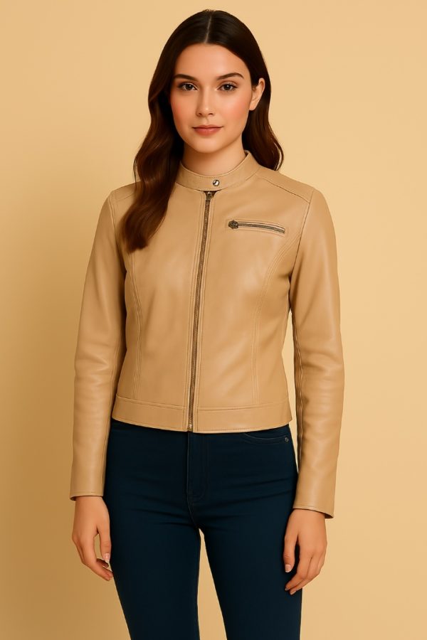 Classic Beige Leather Moto Jacket for Women