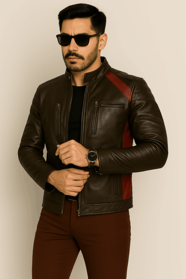 Men's Stylish Brown and Red Stripe Leather Jacket - Image 6