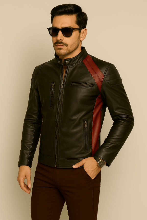 Men's Stylish Brown and Red Stripe Leather Jacket - Image 7