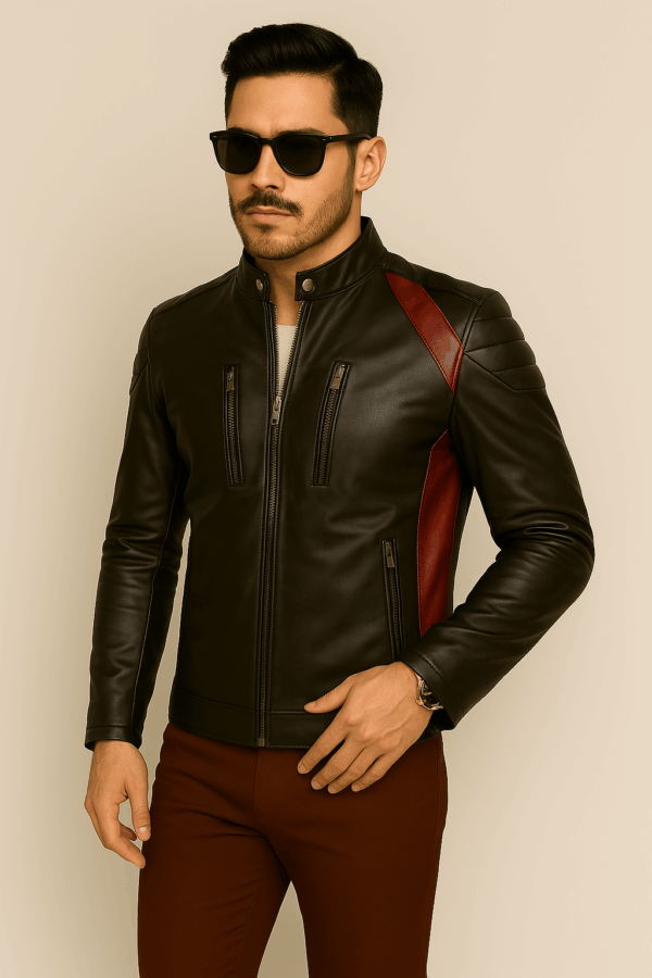 Men's Stylish Brown and Red Stripe Leather Jacket - Image 8