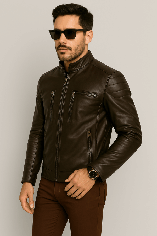 Men's Stylish Brown and Red Stripe Leather Jacket - Image 9