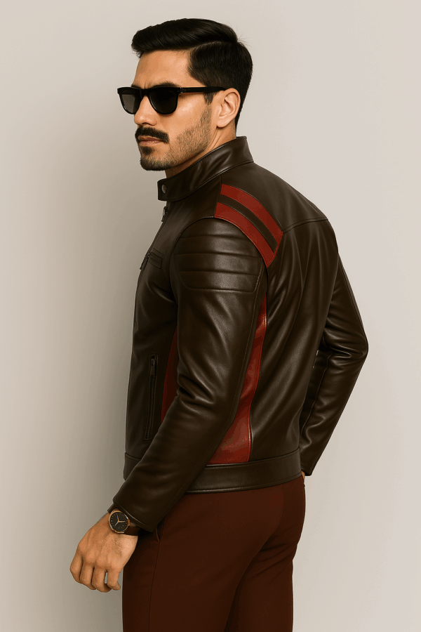 Men's Stylish Brown and Red Stripe Leather Jacket - Image 3