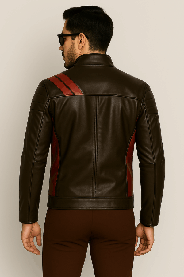 Men's Stylish Brown and Red Stripe Leather Jacket - Image 5