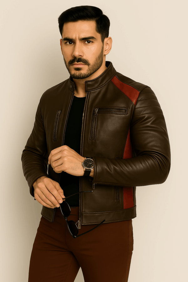 Men's Stylish Brown and Red Stripe Leather Jacket - Image 2