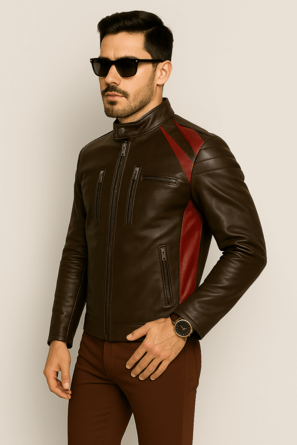 Men's Stylish Brown and Red Stripe Leather Jacket - Image 4