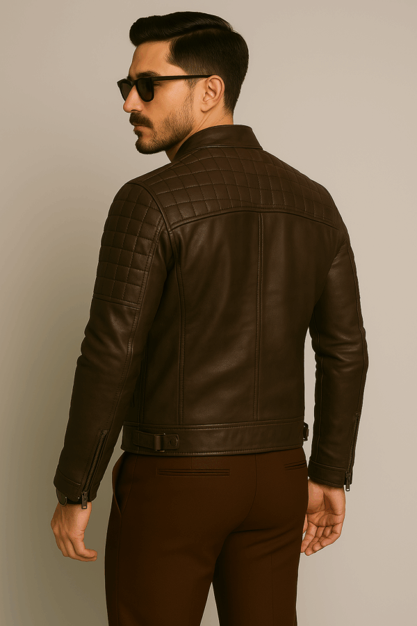 Men’s Brown Distressed Quilted Café Racer Leather Jacket - Image 8