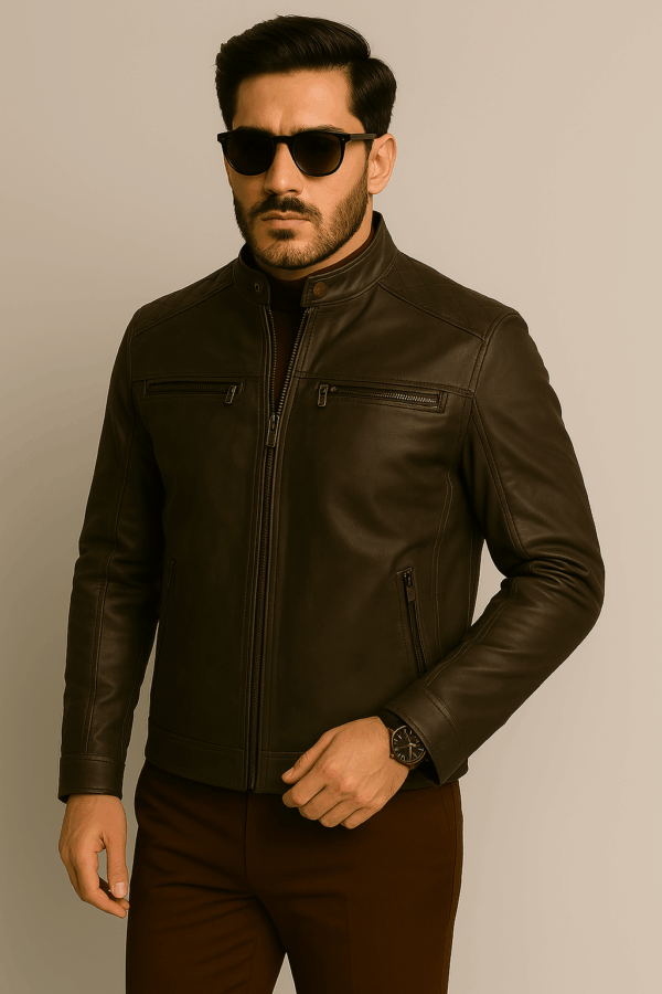 Men’s Brown Distressed Quilted Café Racer Leather Jacket - Image 7