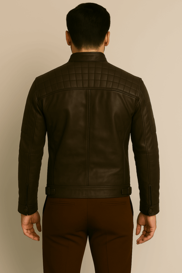 Men’s Brown Distressed Quilted Café Racer Leather Jacket - Image 6