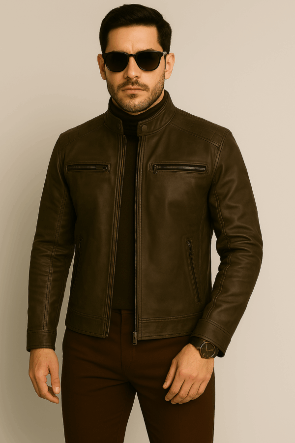 Men’s Brown Distressed Quilted Café Racer Leather Jacket - Image 5