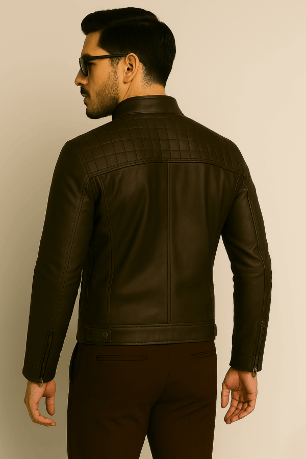 Men’s Brown Distressed Quilted Café Racer Leather Jacket - Image 4