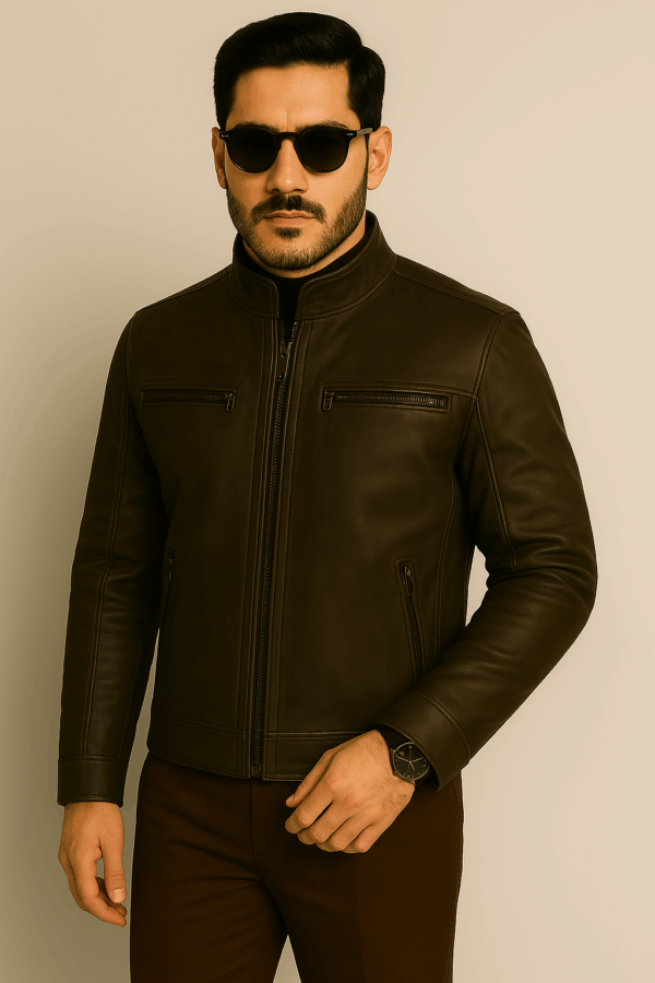 Men’s Brown Distressed Quilted Café Racer Leather Jacket - Image 2