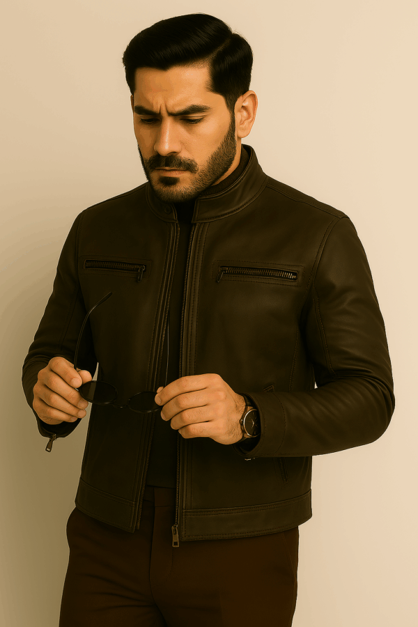 Men’s Brown Distressed Quilted Café Racer Leather Jacket - Image 3