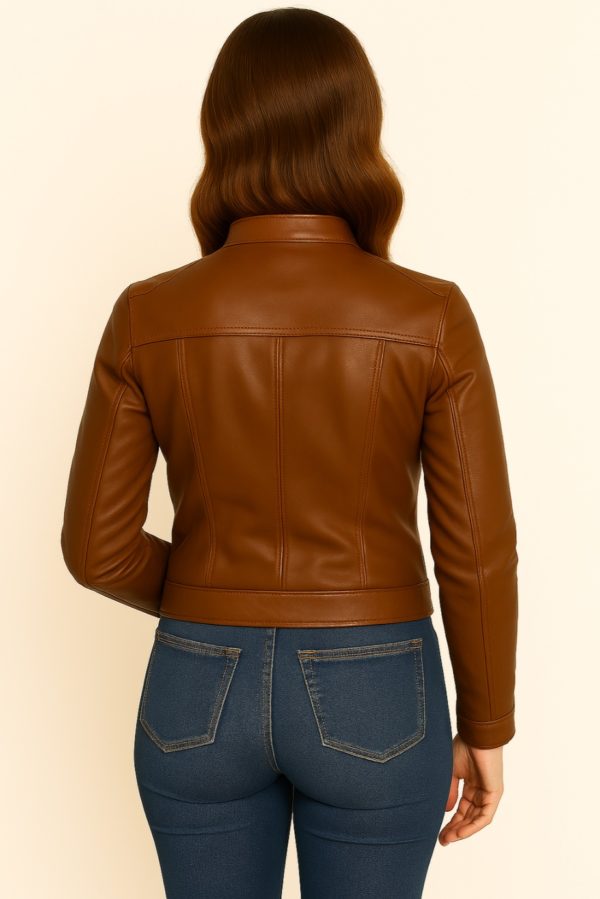 Elegant Brown Leather Jacket for Women - Image 8