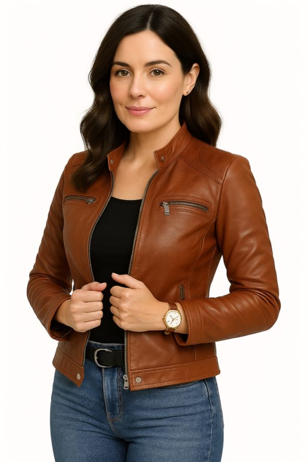 Elegant Brown Leather Jacket for Women - Image 6