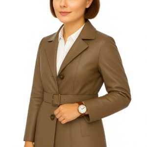Elegant Women’s Long Gray Leather Coat – 100% Genuine Leather