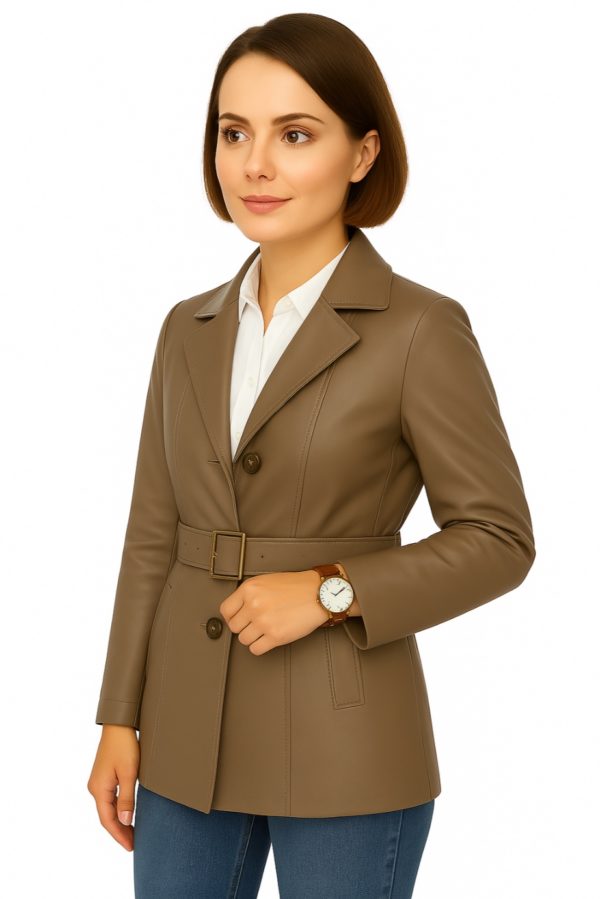 Elegant Women’s Long Gray Leather Coat – 100% Genuine Leather