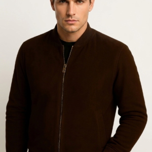 Men’s Classic Dark Brown Suede Leather Bomber Jacket
