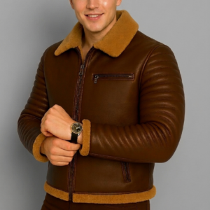 Men’s Classic Brown Leather Rider Jacket with Fur
