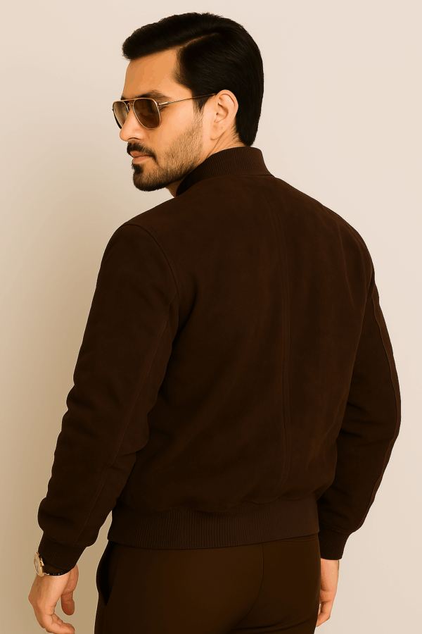 Men’s Classic Dark Brown Suede Leather Bomber Jacket - Image 10