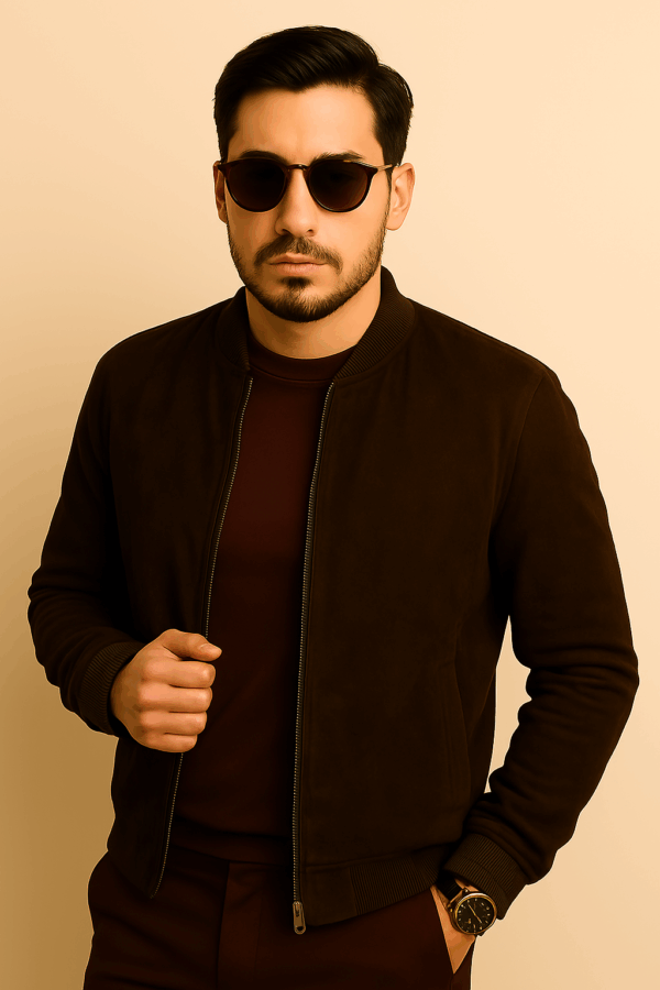 Men’s Classic Dark Brown Suede Leather Bomber Jacket - Image 9