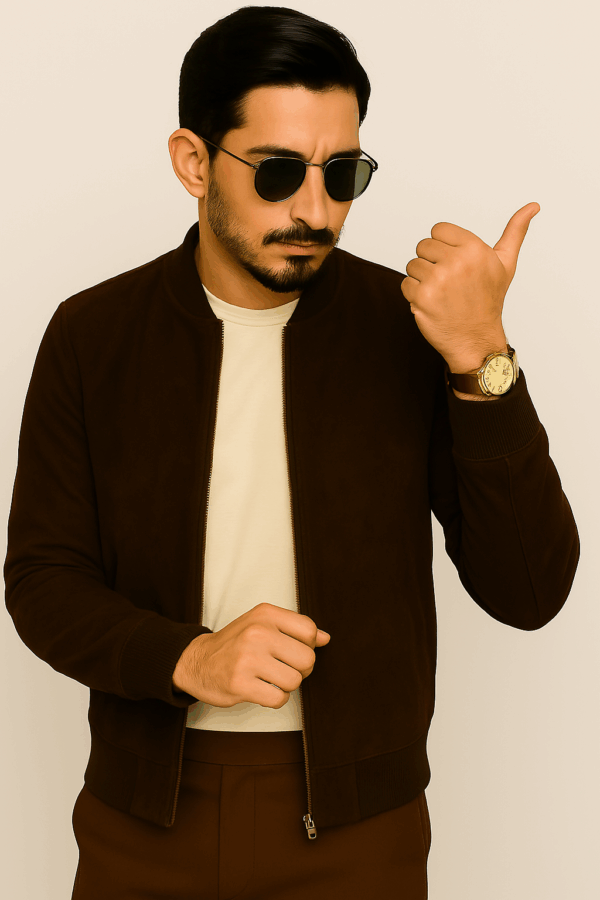 Men’s Classic Dark Brown Suede Leather Bomber Jacket - Image 8