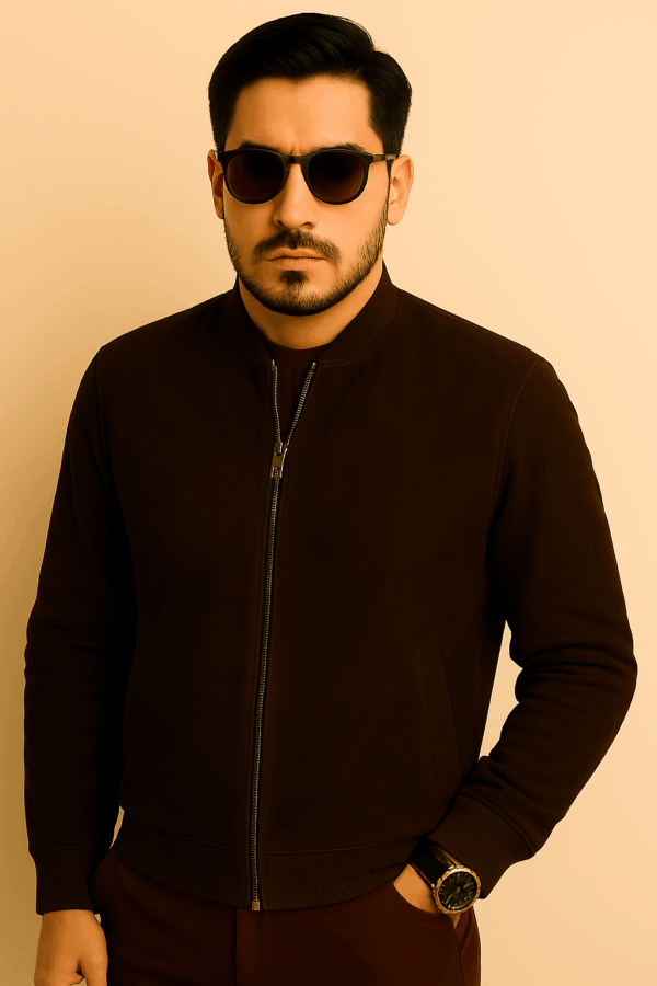 Men’s Classic Dark Brown Suede Leather Bomber Jacket - Image 7