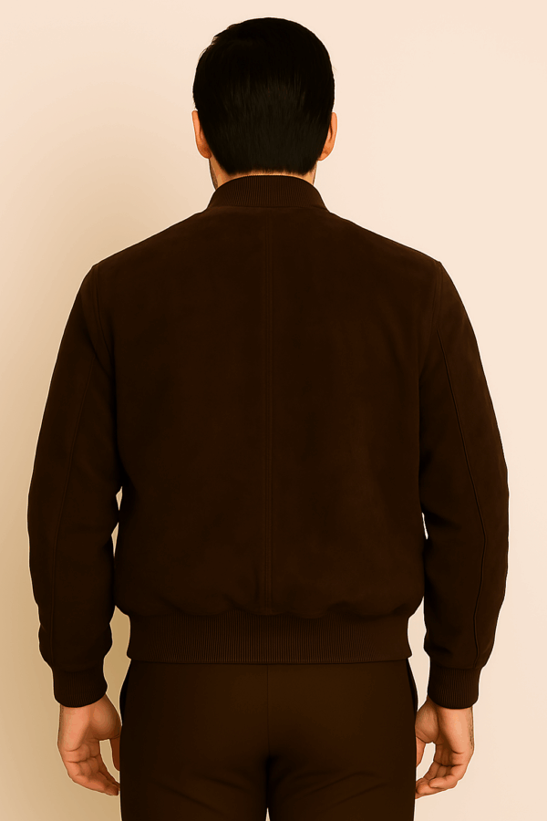 Men’s Classic Dark Brown Suede Leather Bomber Jacket - Image 5