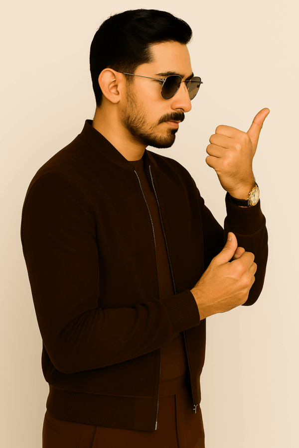 Men’s Classic Dark Brown Suede Leather Bomber Jacket - Image 4
