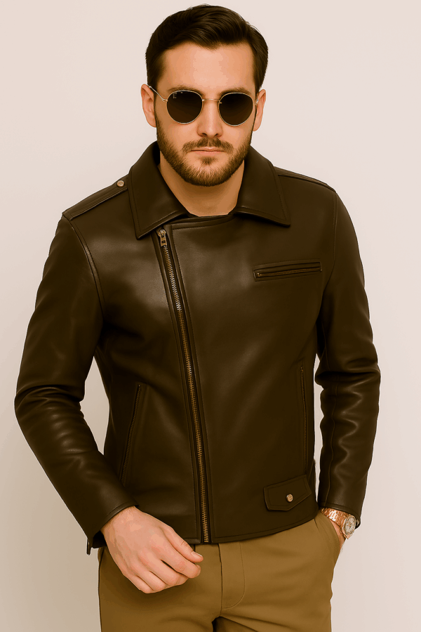 Men’s Classic Brown Brando Biker Leather Jacket - Image 2