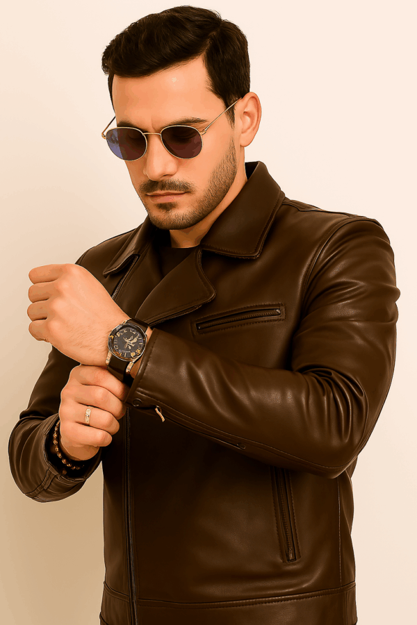 Men’s Classic Brown Brando Biker Leather Jacket - Image 10