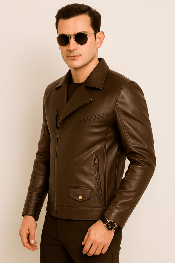 Men’s Classic Brown Brando Biker Leather Jacket - Image 9