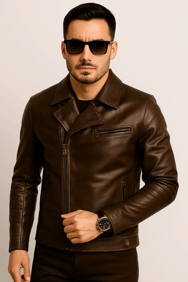 Men’s Classic Brown Brando Biker Leather Jacket - Image 8