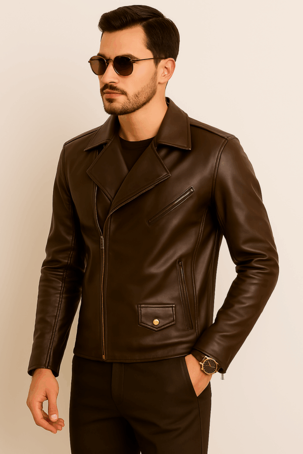 Classic Brown Leather Biker Jacket Brando Style - Image 7