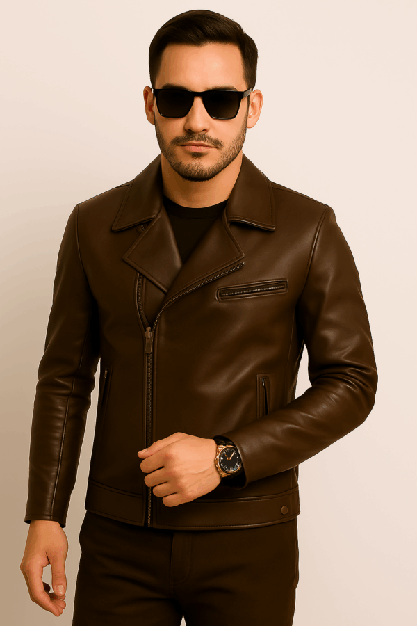 Men’s Classic Brown Brando Biker Leather Jacket - Image 4