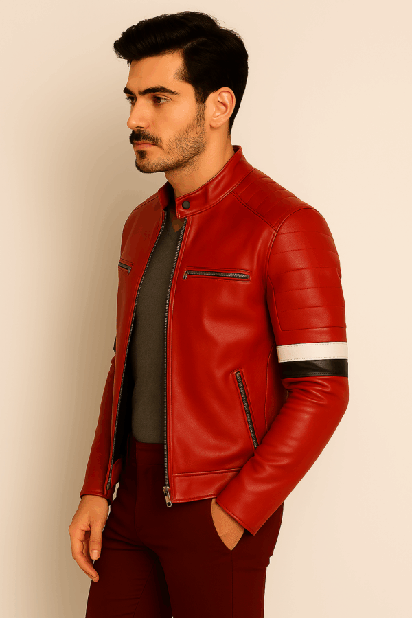 Classic Red Leather Biker Jacket with Padded Shoulders for Men - Image 3