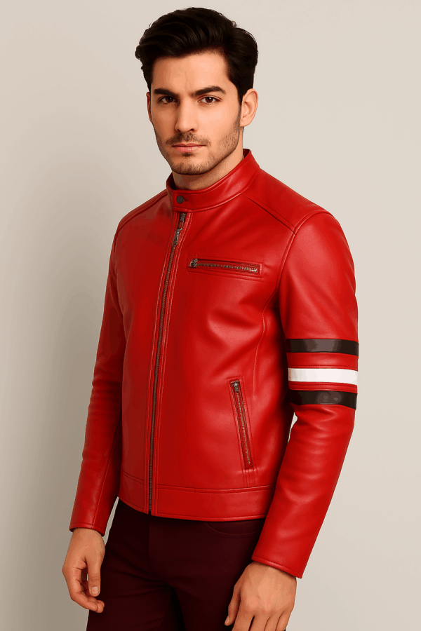 Classic Red Leather Biker Jacket with Padded Shoulders for Men - Image 4