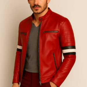 Classic Red Leather Biker Jacket with Padded Shoulders for Men