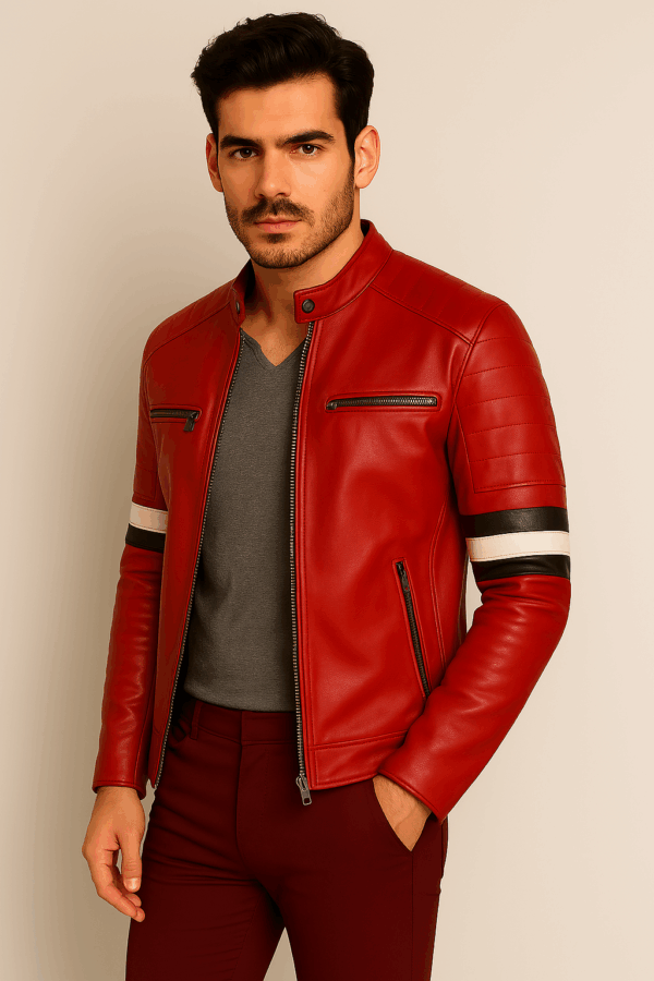 Classic Red Leather Biker Jacket with Padded Shoulders for Men