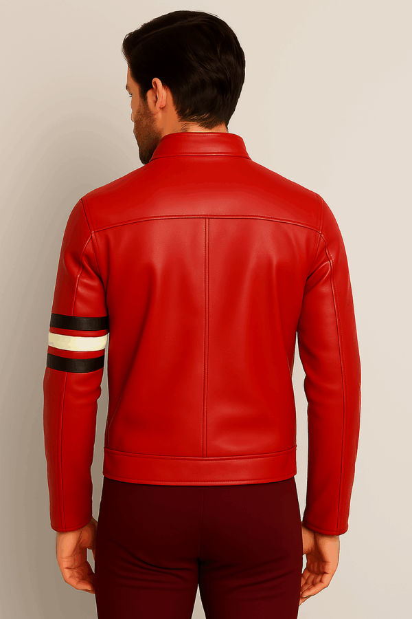 Classic Red Leather Biker Jacket with Padded Shoulders for Men - Image 5