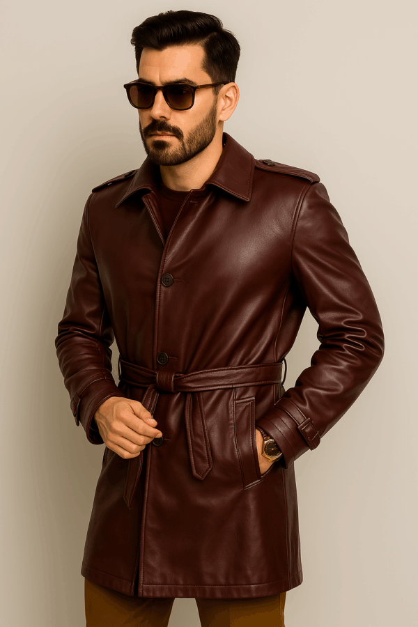 Luxury Maroon Genuine Leather Topcoat - Image 8