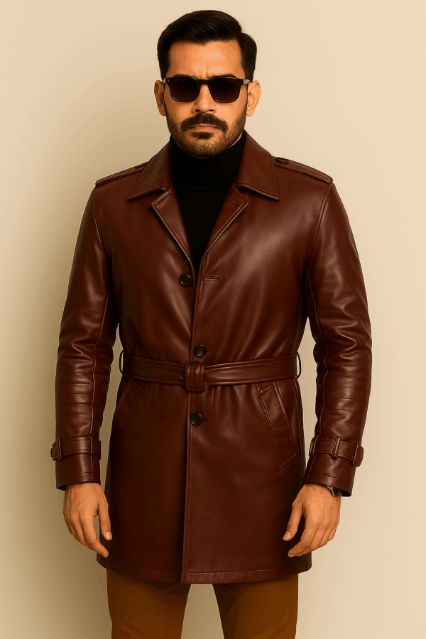 Luxury Maroon Genuine Leather Topcoat - Image 6