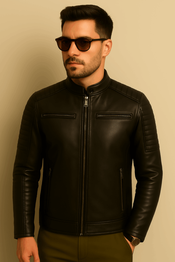 Men’s Stylish Black Leather Racer Jacket - Image 5