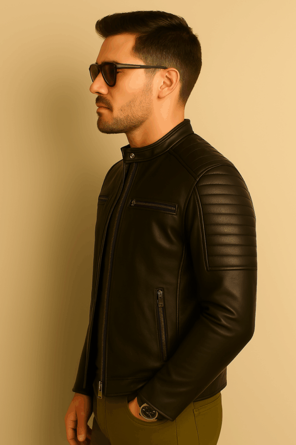 Men’s Stylish Black Leather Racer Jacket - Image 3