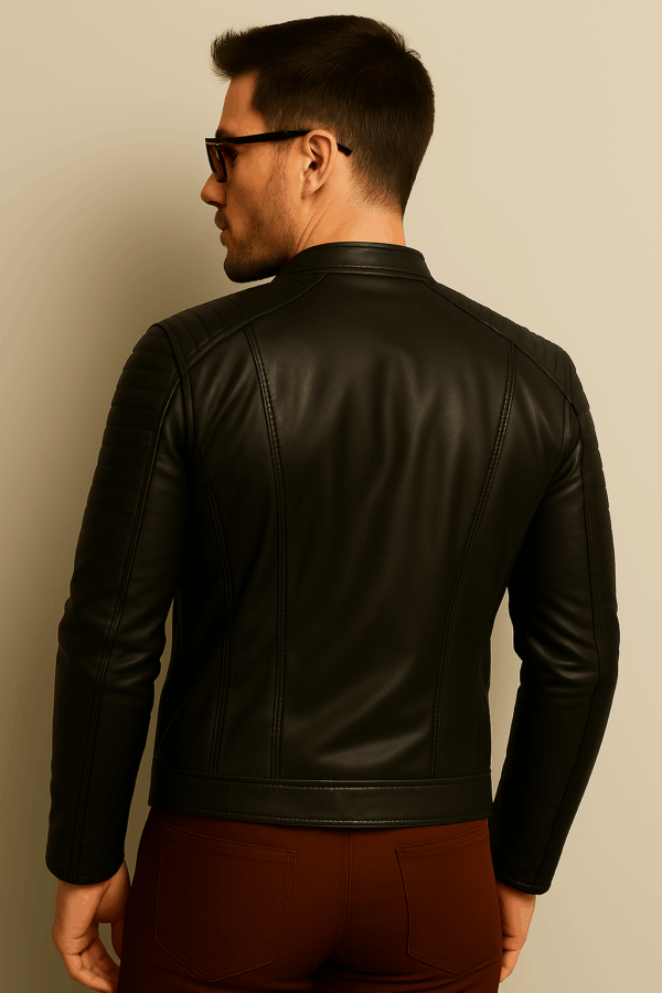 Men’s Stylish Black Leather Racer Jacket - Image 6