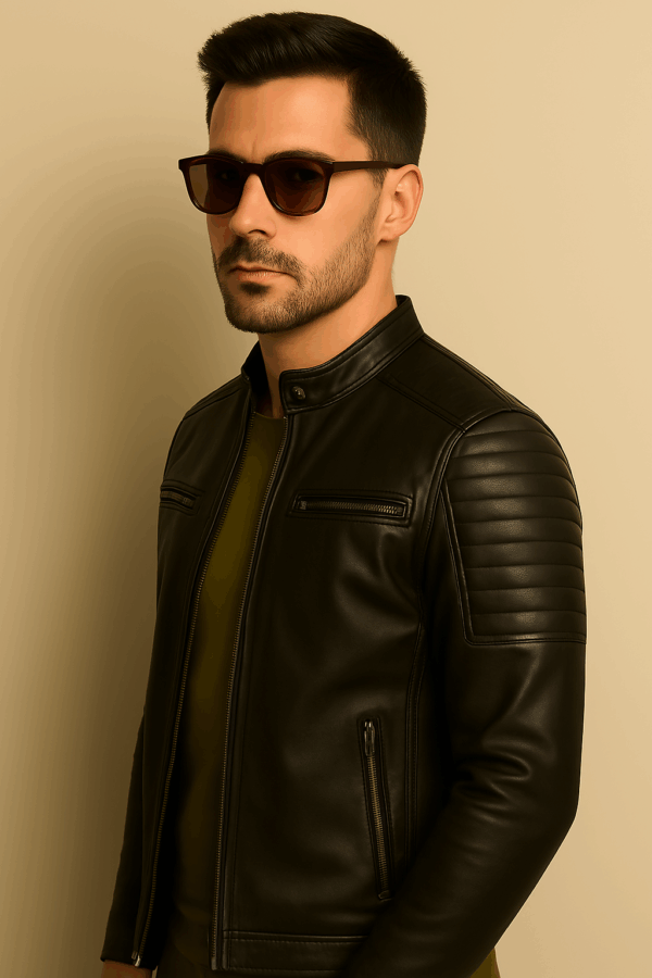 Men’s Stylish Black Leather Racer Jacket - Image 2